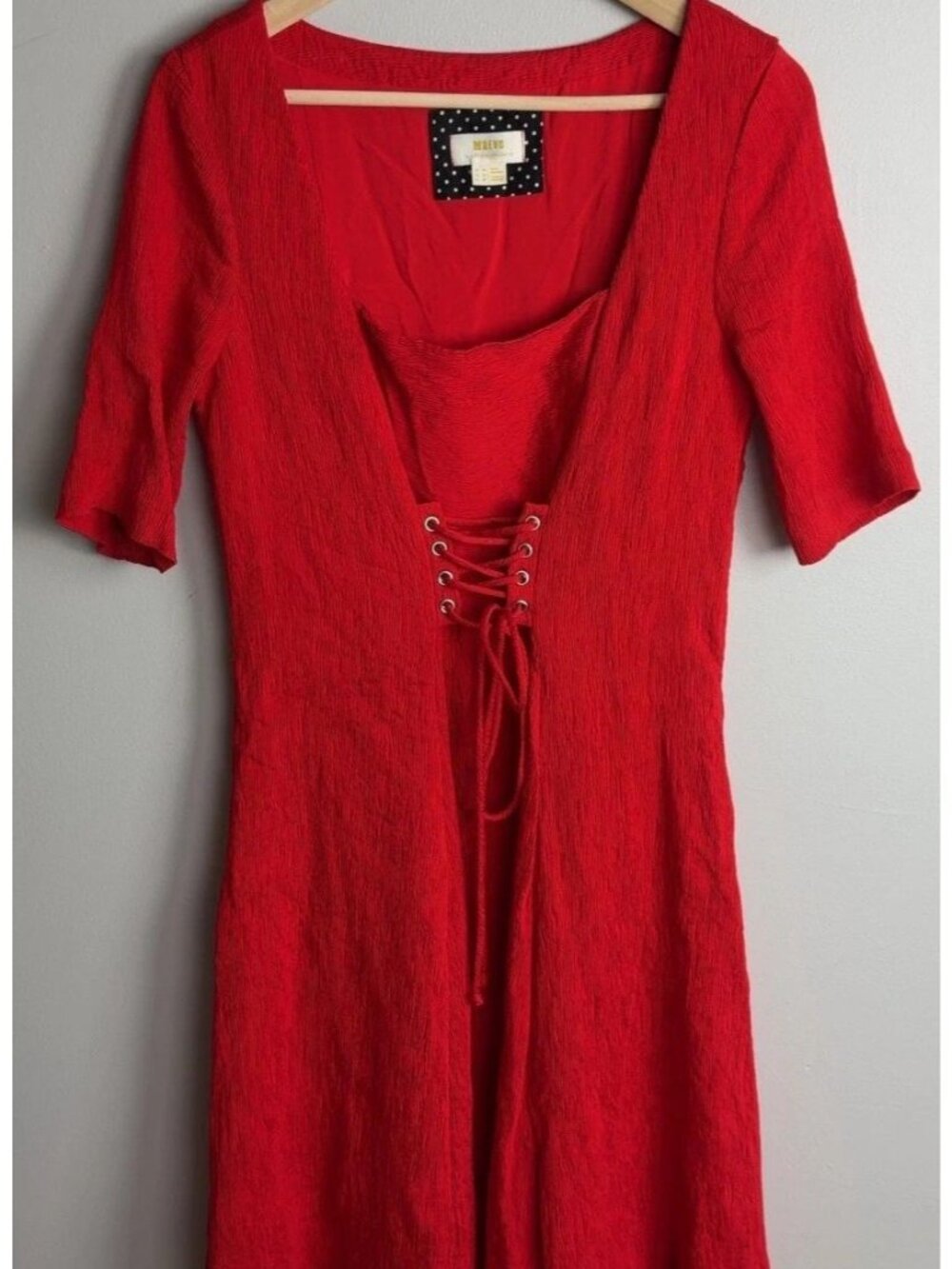 Maeve Anthropologie Red Lace-Up Front Dress Textured Short Sleeve Size 10 Womens